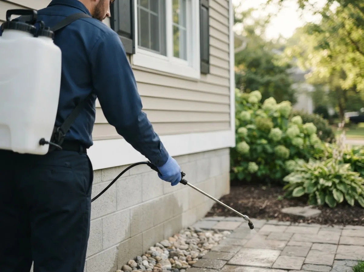 Pest control technician inspecting a home in Lake City, KS